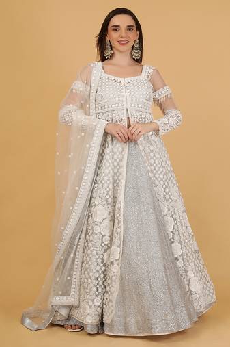 White Jacket And Silver Lehenga With Sequins Cutdana Dori Work