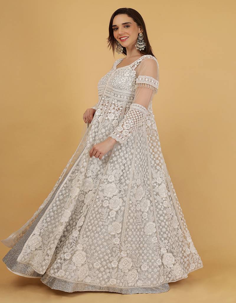 White Jacket And Silver Lehenga With Sequins Cutdana Dori Work