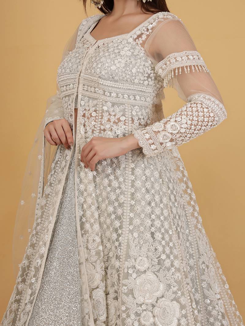 White Jacket And Silver Lehenga With Sequins Cutdana Dori Work