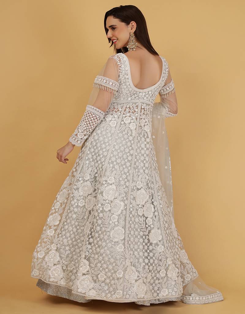 White Jacket And Silver Lehenga With Sequins Cutdana Dori Work