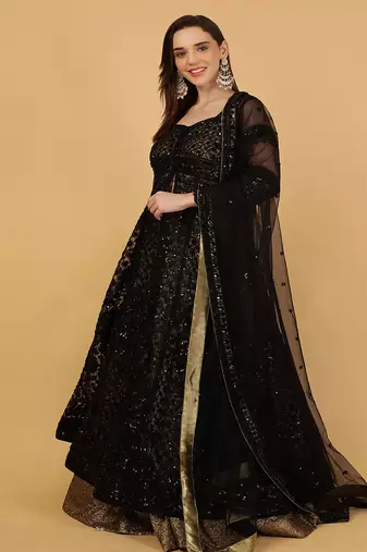 black jacket and antique gold lehenga set