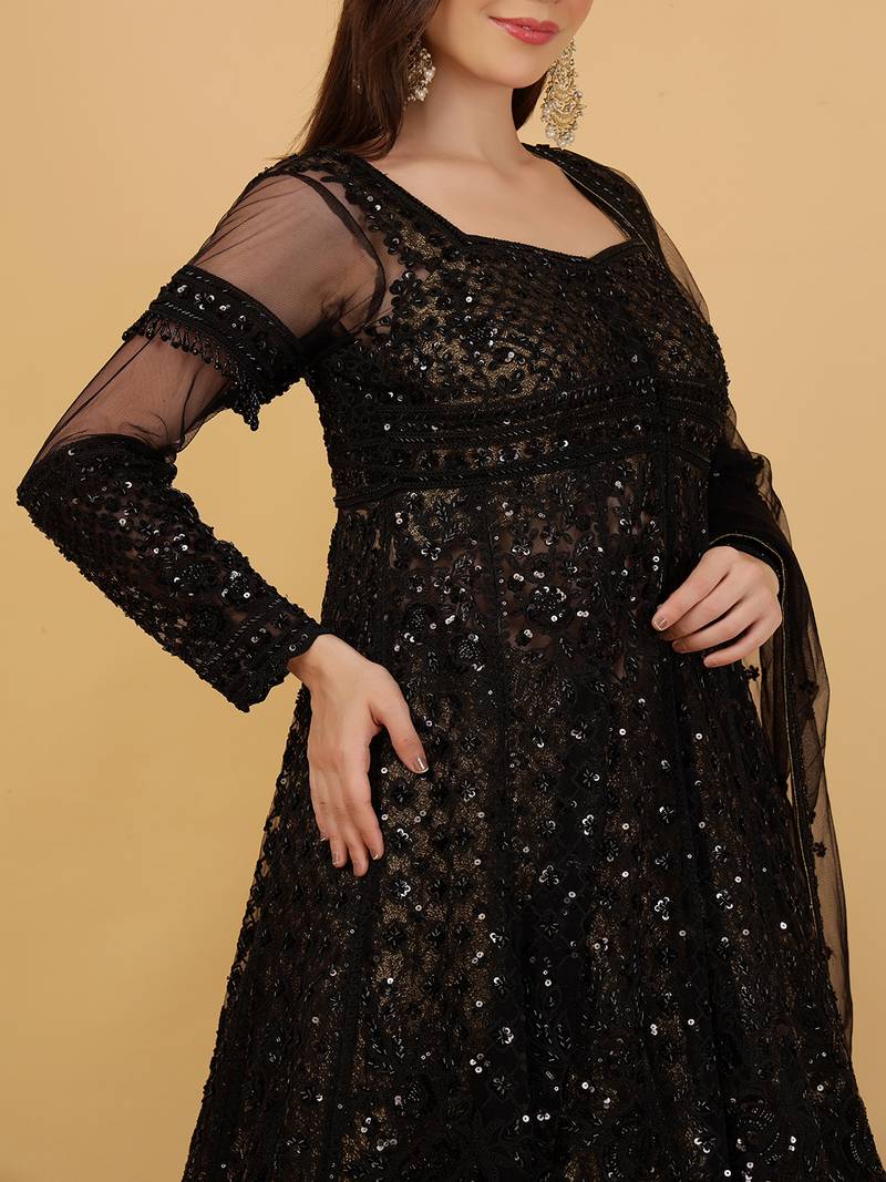 Black Jacket And Antique Gold Lehenga With Sequins Cutdana Dori Work