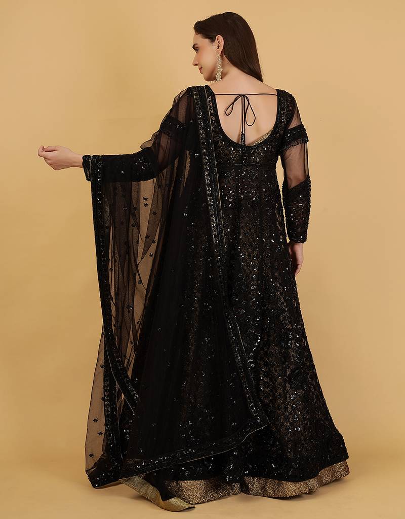 Black Jacket And Antique Gold Lehenga With Sequins Cutdana Dori Work