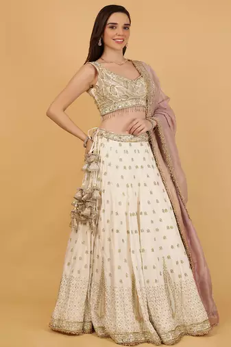 Ivory Silk Lehenga Set With Sequins Zari Cutdana Embroidery