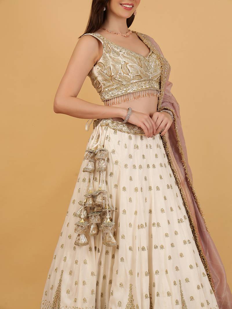 Ivory Silk Lehenga Set With Sequins Zari Cutdana Embroidery