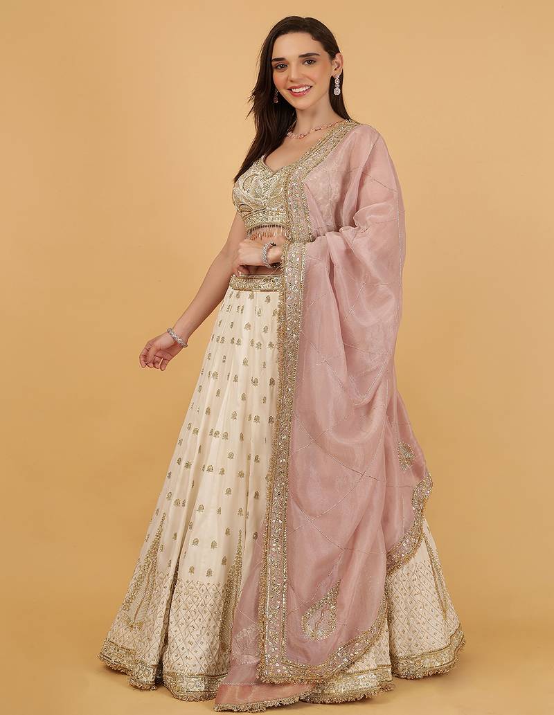 Ivory Silk Lehenga Set With Sequins Zari Cutdana Embroidery