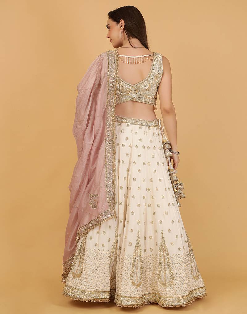 Ivory Silk Lehenga Set With Sequins Zari Cutdana Embroidery