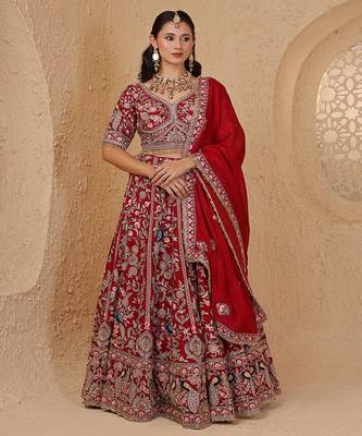 maroon silk bridal lehenga set with blouse and dupatta 1