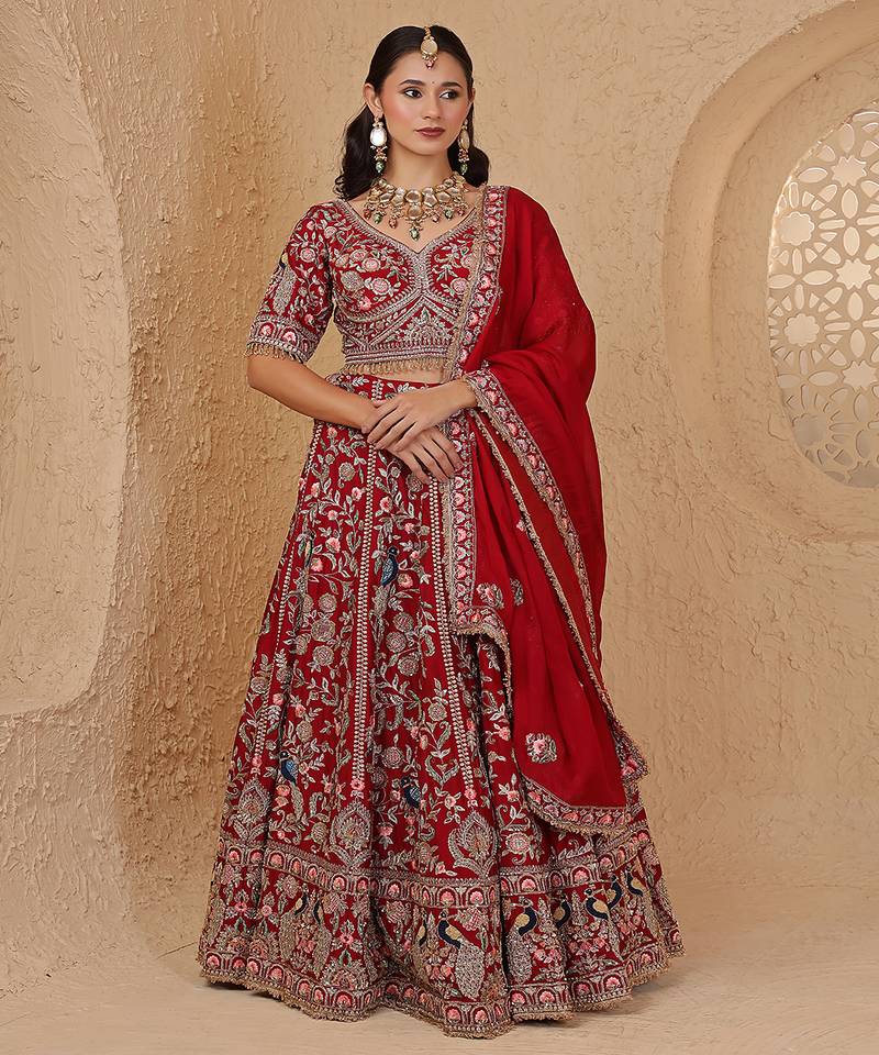 Maroon Silk Bridal Lehenga Set With Aari And Zardozi Embroidery