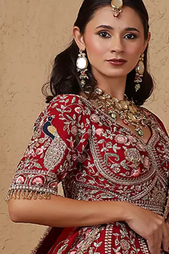 maroon silk bridal lehenga set with blouse and dupatta