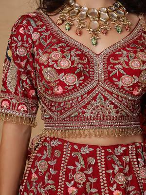 maroon silk bridal lehenga set with blouse and dupatta 3