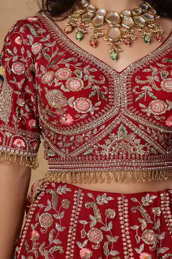 maroon silk bridal lehenga set with blouse and dupatta