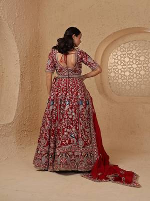 maroon silk bridal lehenga set with blouse and dupatta 4