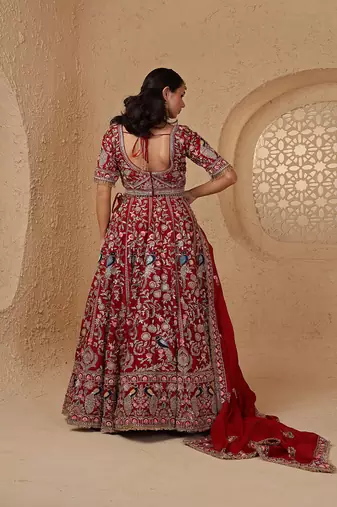 maroon silk bridal lehenga set with blouse and dupatta
