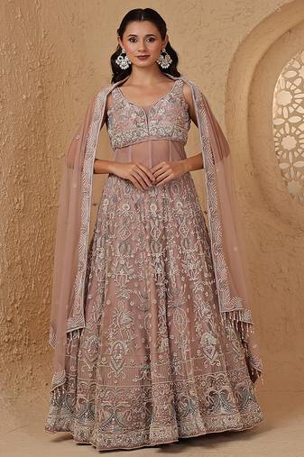 Onion Pink Net Heavy Lehenga Set With Pearl And Beads Embroidery