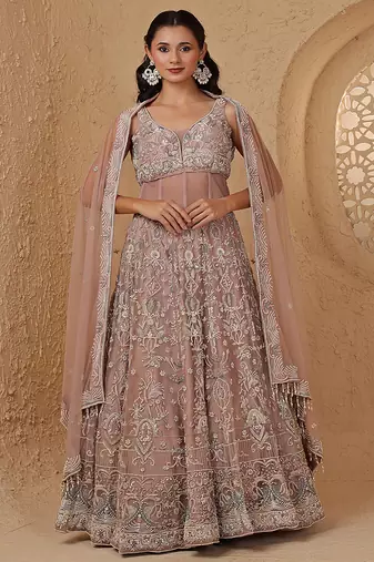 Onion Pink Net Heavy Lehenga Set With Pearl And Beads Embroidery