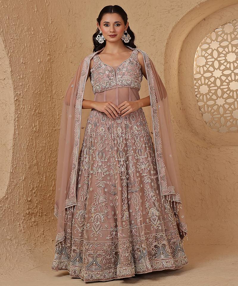Onion Pink Net Heavy Lehenga Set With Pearl And Beads Embroidery