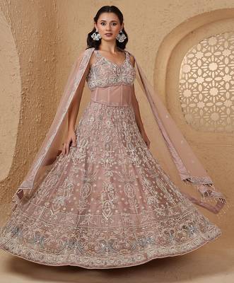 onion pink net heavy lehenga set with with blouse and dupatta 2