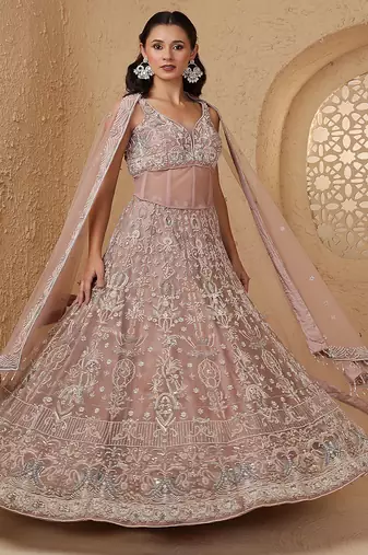 onion pink net heavy lehenga set with with blouse and dupatta