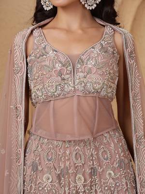 onion pink net heavy lehenga set with with blouse and dupatta 3