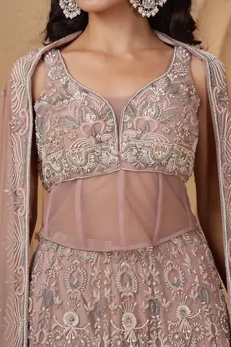 onion pink net heavy lehenga set with with blouse and dupatta