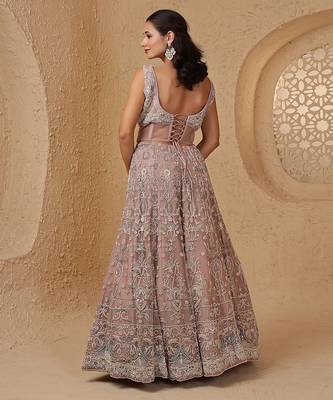 onion pink net heavy lehenga set with with blouse and dupatta 4
