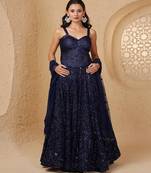 Dark Blue Net Cutdana And Bead Lehenga Set With Embroidery