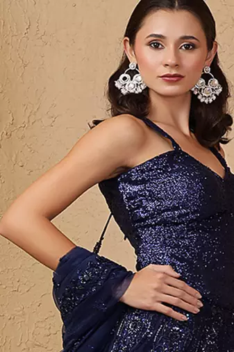 dark blue net cutdana and bead lehenga set with blouse and dupatta