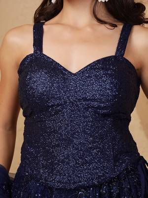 dark blue net cutdana and bead lehenga set with blouse and dupatta 3