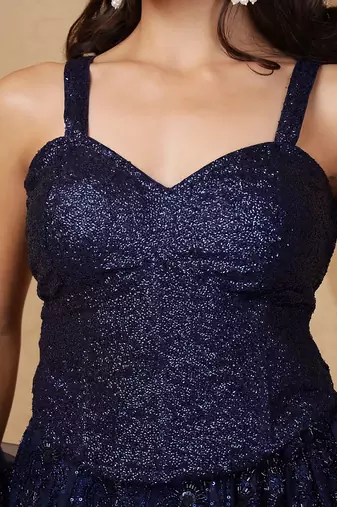 dark blue net cutdana and bead lehenga set with blouse and dupatta