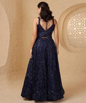 dark blue net cutdana and bead lehenga set with blouse and dupatta 4