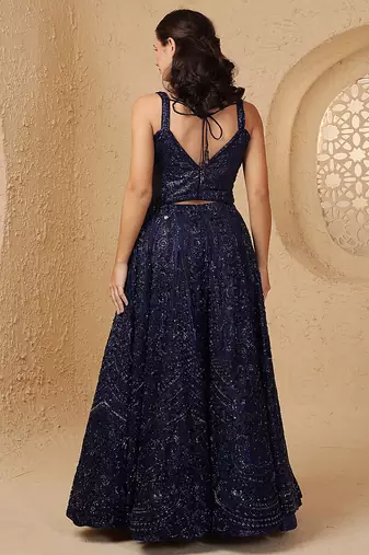 dark blue net cutdana and bead lehenga set with blouse and dupatta