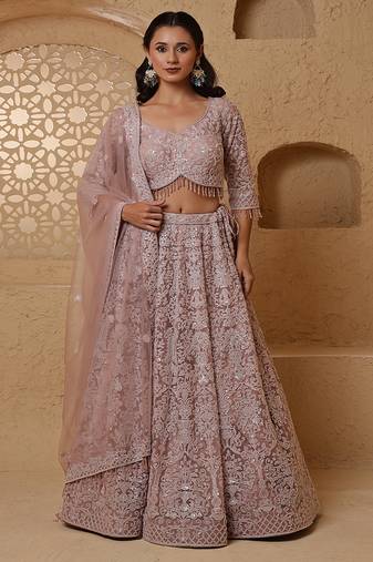 Dull Pink Net Lehenga Set With Monotone Embroidery
