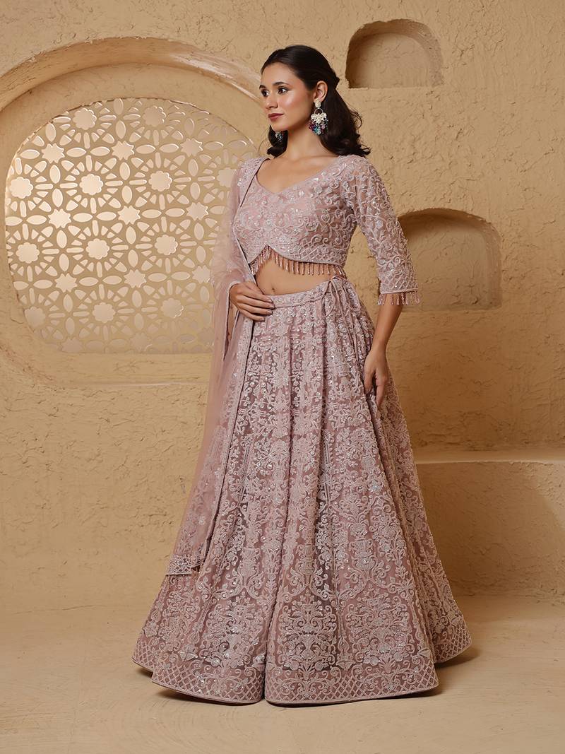 Dull Pink Net Lehenga Set With Monotone Embroidery