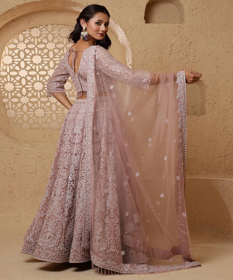 Dull Pink Net Lehenga Set With Monotone Embroidery