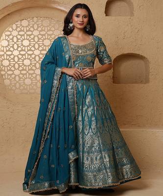 persian blue silk brocade lehenga set with blouse and dupatta 1