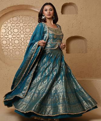 persian blue silk brocade lehenga set with blouse and dupatta 2