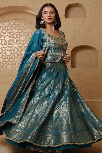 persian blue silk brocade lehenga set with blouse and dupatta