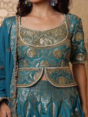 persian blue silk brocade lehenga set with blouse and dupatta 3
