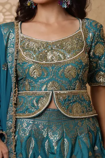 persian blue silk brocade lehenga set with blouse and dupatta