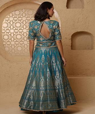 persian blue silk brocade lehenga set with blouse and dupatta 4