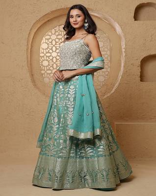 sky blue organza brocade lehenga set with blouse and dupatta 2