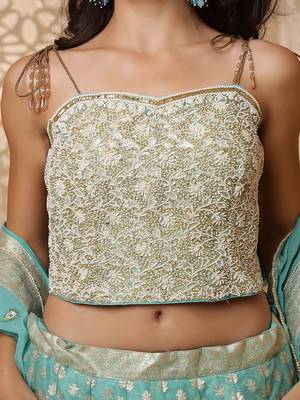sky blue organza brocade lehenga set with blouse and dupatta 3
