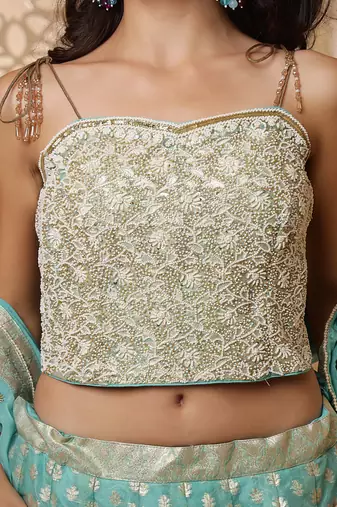 sky blue organza brocade lehenga set with blouse and dupatta