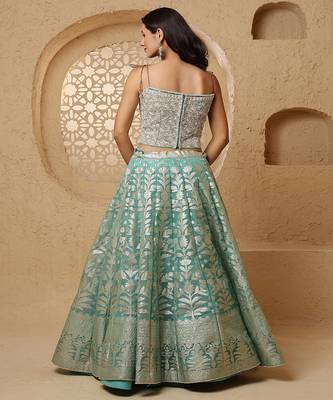 sky blue organza brocade lehenga set with blouse and dupatta 4