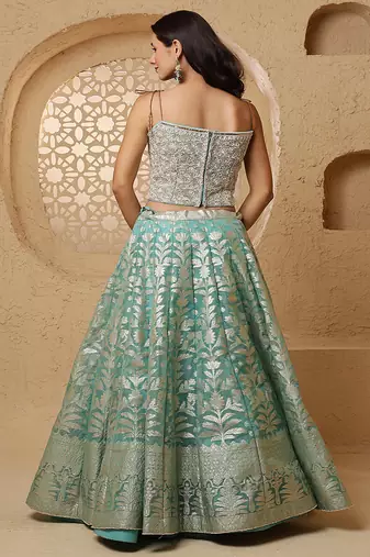 sky blue organza brocade lehenga set with blouse and dupatta