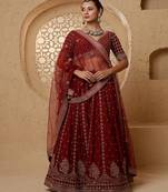 Dark Maroon Viscose Silk Hand Embroidered Lehenga Set