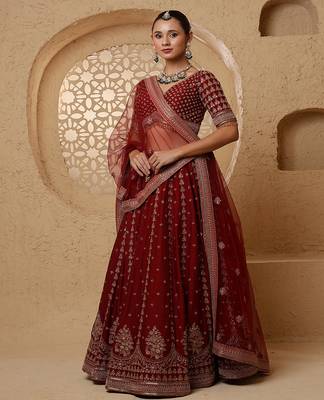 dark maroon viscose silk hand embroidered lehenga set with blouse and dupatta 2