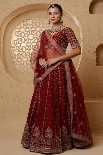 dark maroon viscose silk hand embroidered lehenga set with blouse and dupatta