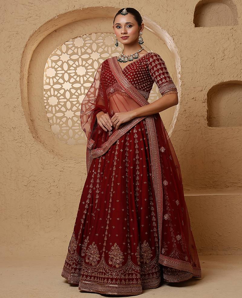 Dark Maroon Viscose Silk Hand Embroidered Lehenga Set